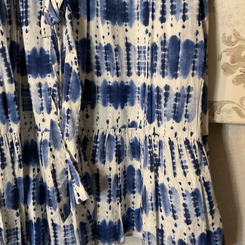 GAP Factory Blue and White Tie-Dye V-Neck Midi Dress with Waist Tie - Picture 3 of 8